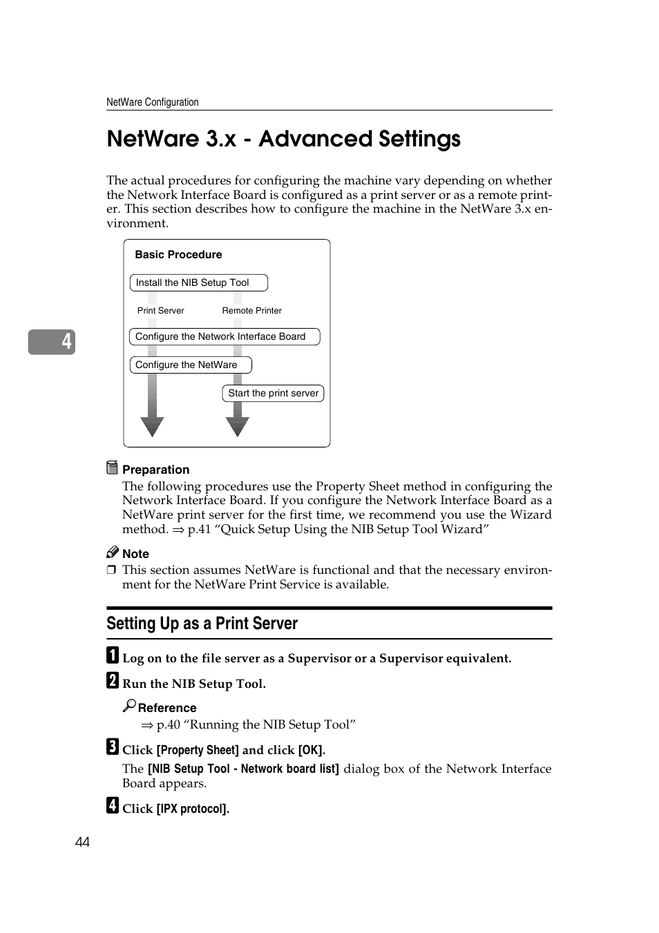 Netware 3.x - advanced settings, Setting up as a print server, P.44 “setting up as a print server | P.44 “netware, X - advanced settings, P.44 “net, Ware 3.x - advanced settings, Ee p.44 “netware 3.x - advanced settings, 4netware 3.x - advanced settings | Ricoh AP4510 User Manual | Page 284 / 424