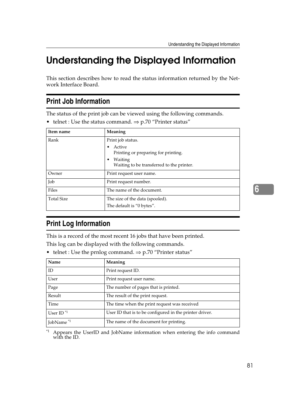 Understanding the displayed information, Print job information, Print log information | Print job information print log information, 6understanding the displayed information | Ricoh AP4510 User Manual | Page 321 / 424