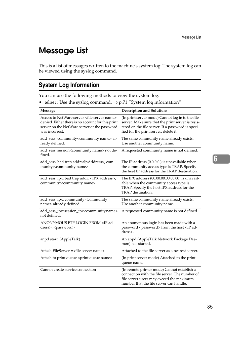 Message list, System log information, 6message list | Ricoh AP4510 User Manual | Page 325 / 424