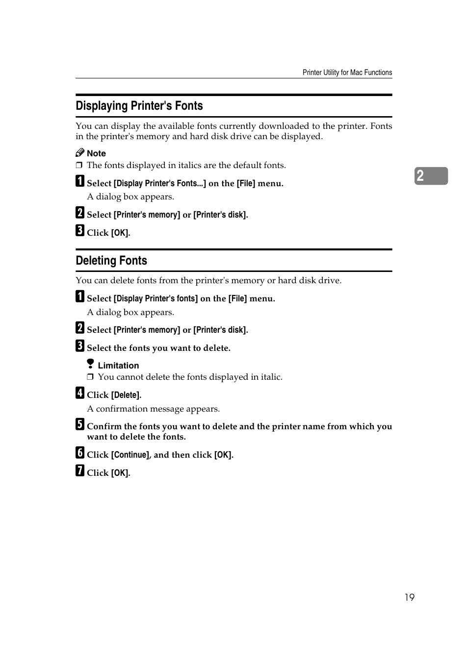 Displaying printer's fonts, Deleting fonts | Ricoh AP4510 User Manual | Page 363 / 424