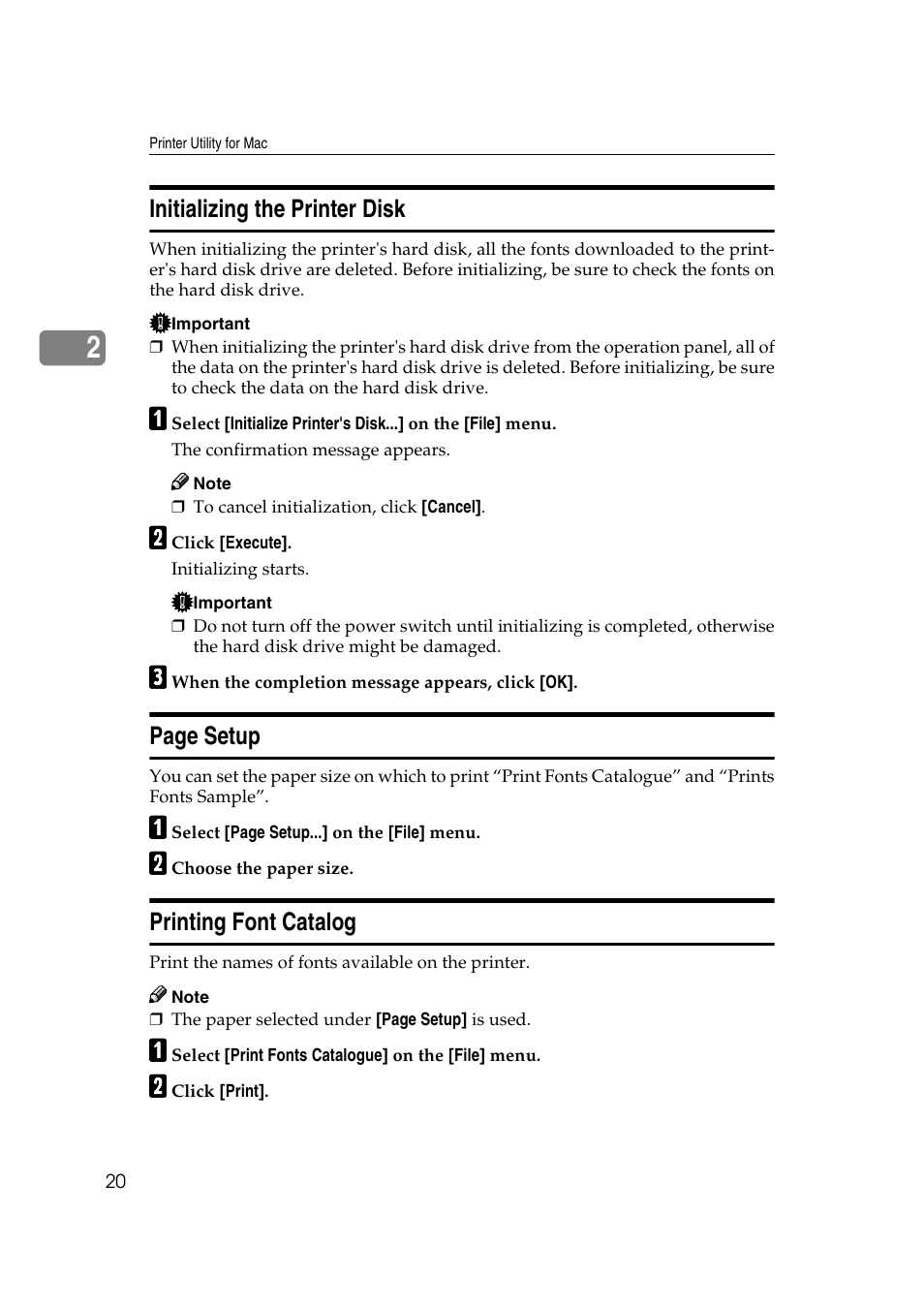 Initializing the printer disk, Printing font catalog, P.20 “initializing the printer disk | P.20 “printing font catalog, Page setup | Ricoh AP4510 User Manual | Page 364 / 424