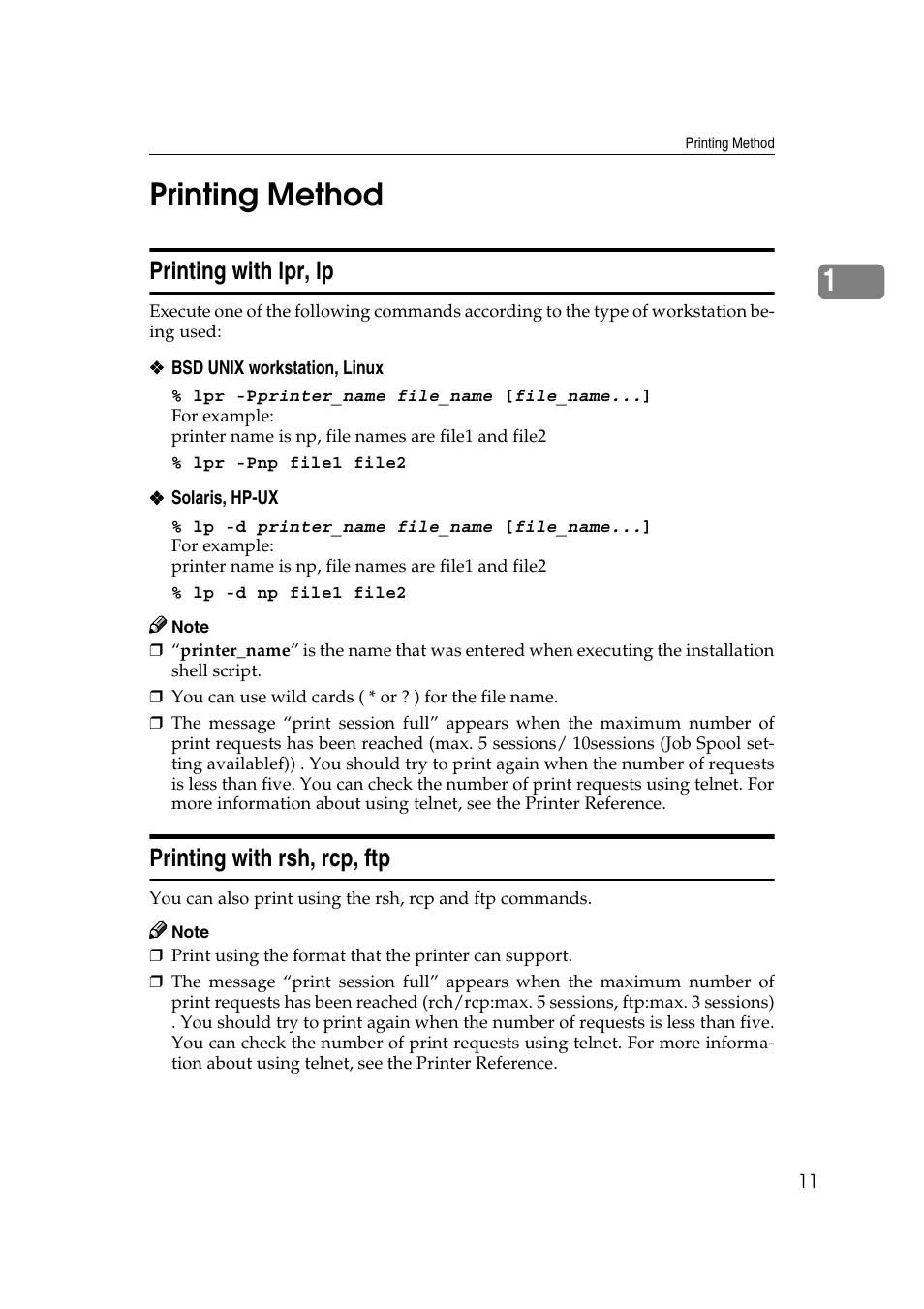 Printing method, Printing with lpr, lp, Printing with rsh, rcp, ftp | P.11 “printing method, Ee p.11 “printing method, 1printing method | Ricoh AP4510 User Manual | Page 387 / 424