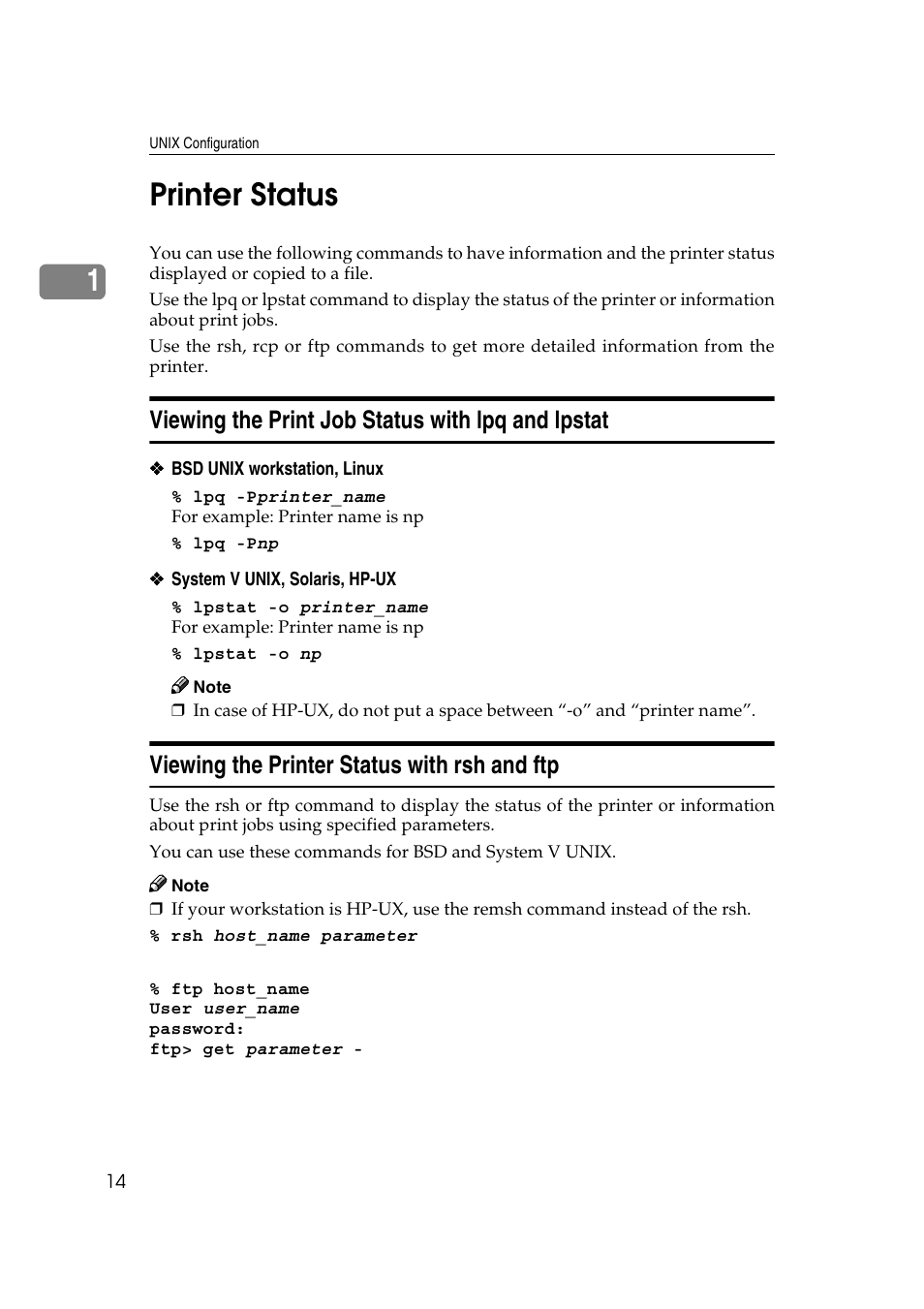 Printer status, Viewing the print job status with lpq and lpstat, Viewing the printer status with rsh and ftp | 1printer status | Ricoh AP4510 User Manual | Page 390 / 424