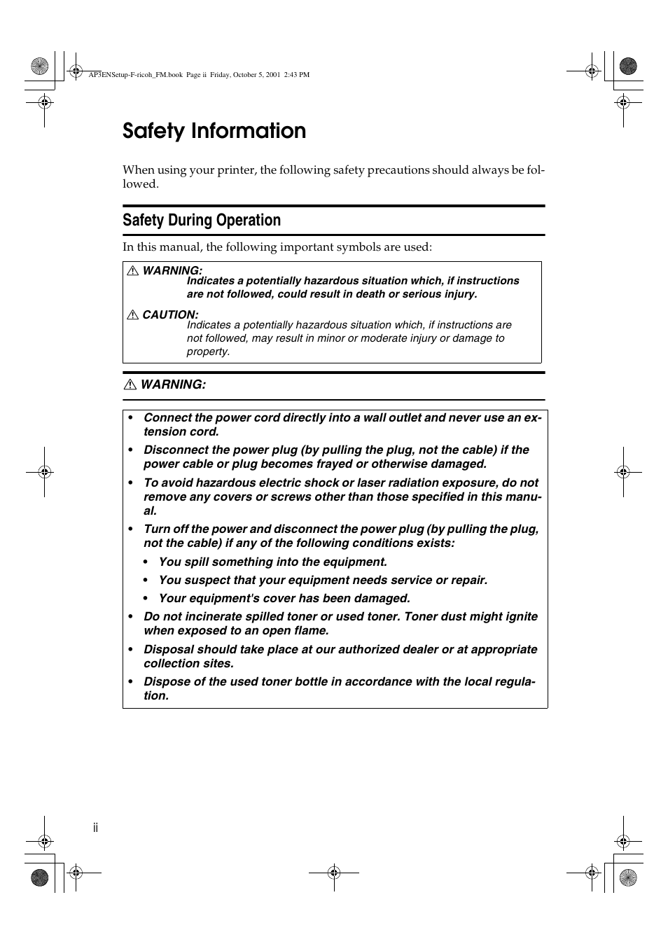 Safety information, Safety during operation | Ricoh AP4510 User Manual | Page 4 / 424