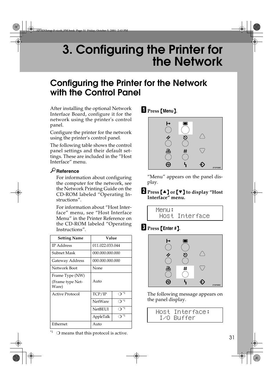 Configuring the printer for the network, Menu: host interface host interface: i/o buffer | Ricoh AP4510 User Manual | Page 41 / 424
