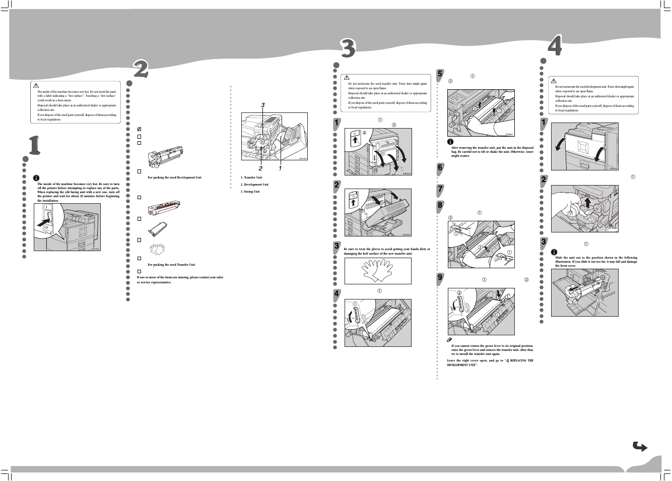 Maintanence kit replacement guide, Maintenance kit type 4510, Replacement guide | Checking the contents of the box, Turning off the printer, Replacing the transfer unit, Replacing the development unit, Important, Type 4510a, Type 4510b | Ricoh AP4510 User Manual | Page 423 / 424