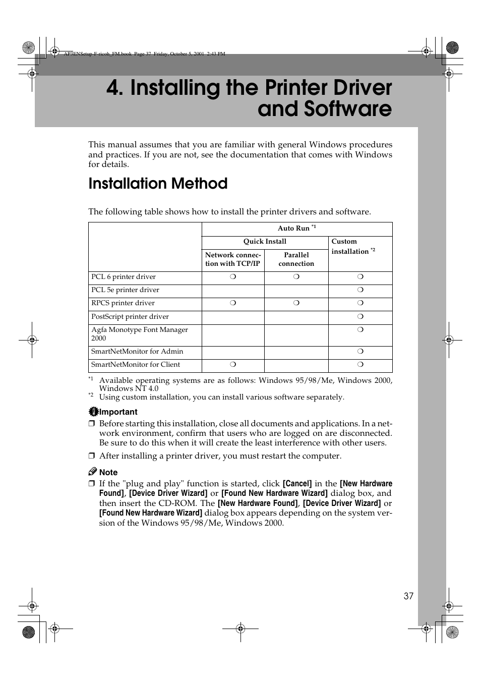 Installing the printer driver and software, Installation method | Ricoh AP4510 User Manual | Page 47 / 424