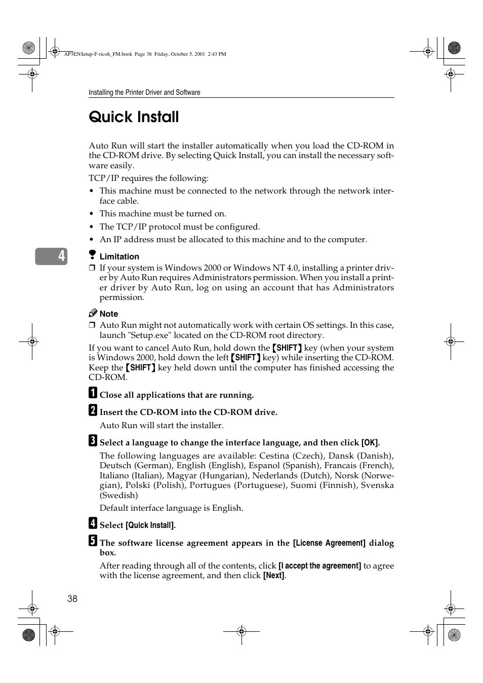 Quick install, 4quick install | Ricoh AP4510 User Manual | Page 48 / 424