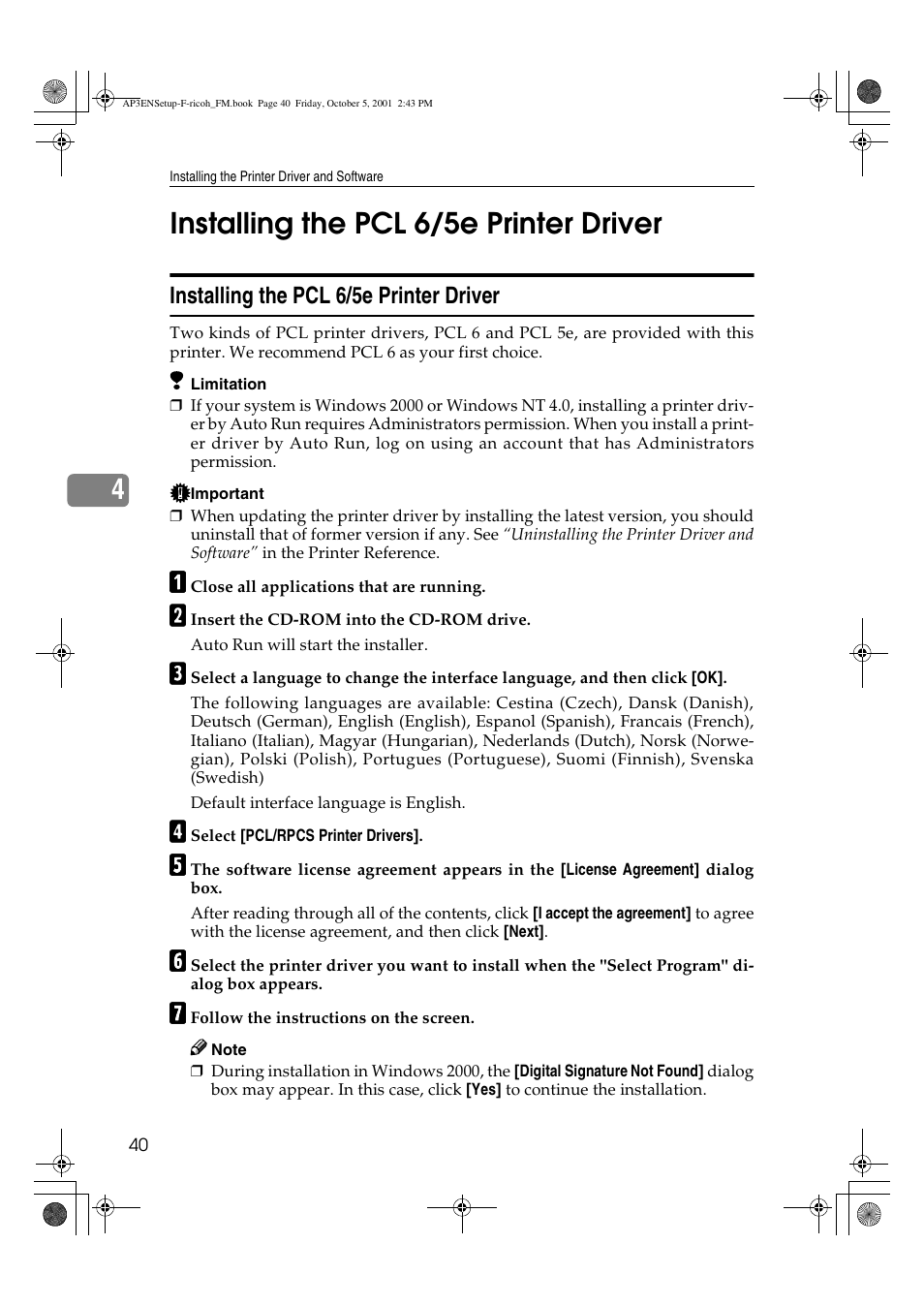 Installing the pcl 6/5e printer driver, 4installing the pcl 6/5e printer driver | Ricoh AP4510 User Manual | Page 50 / 424
