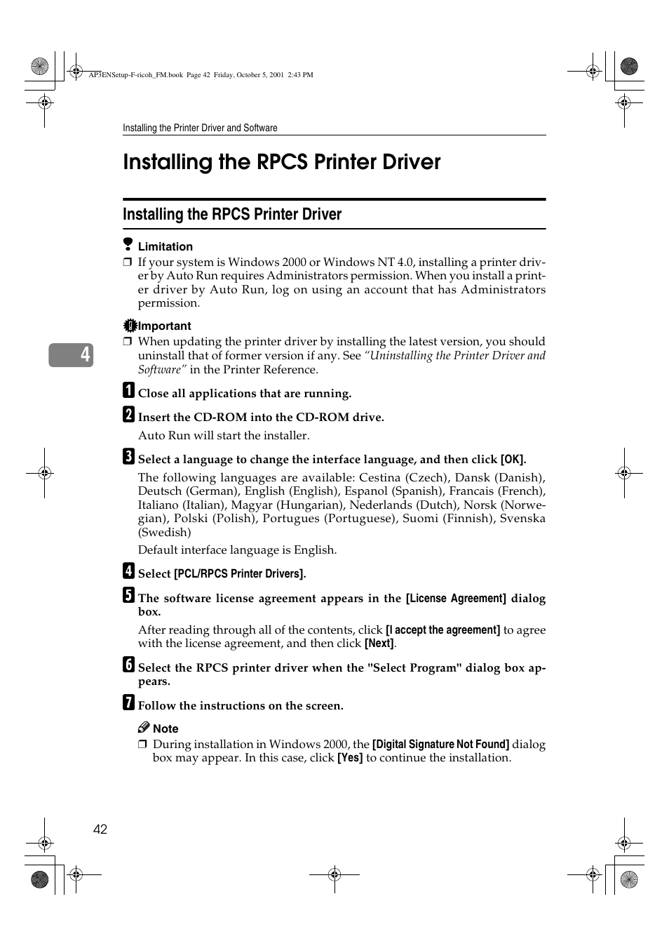 Installing the rpcs printer driver, 4installing the rpcs printer driver | Ricoh AP4510 User Manual | Page 52 / 424