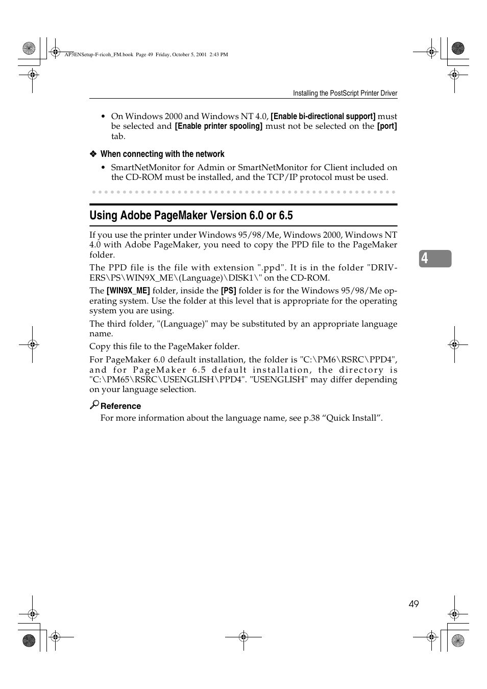 Using adobe pagemaker version 6.0 or 6.5 | Ricoh AP4510 User Manual | Page 59 / 424