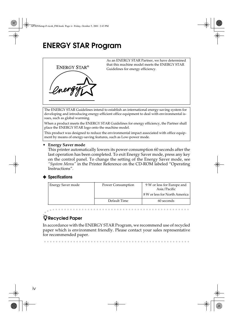 Energy star program | Ricoh AP4510 User Manual | Page 6 / 424