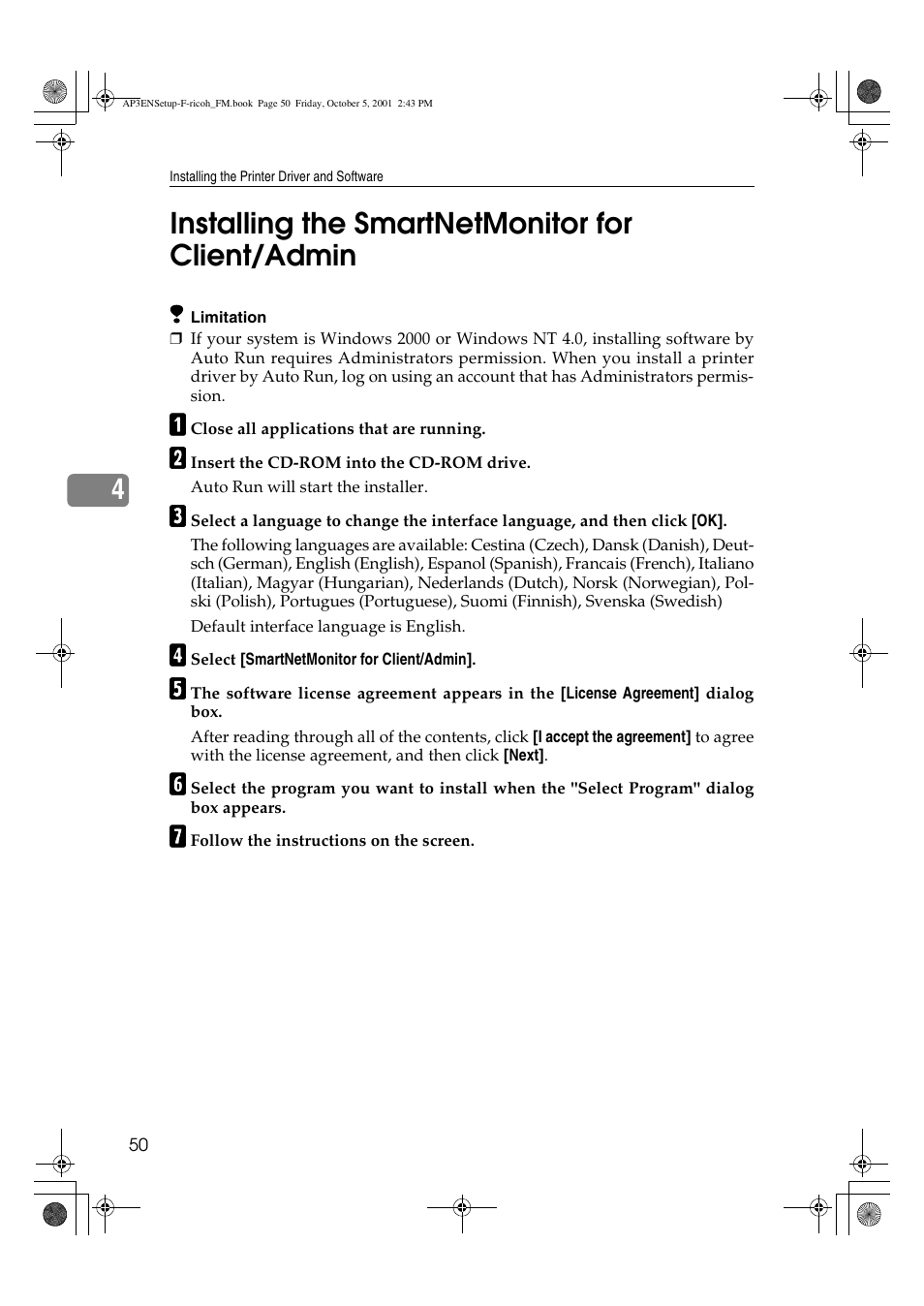 Installing the smartnetmonitor for client/ admin, 4installing the smartnetmonitor for client/admin | Ricoh AP4510 User Manual | Page 60 / 424