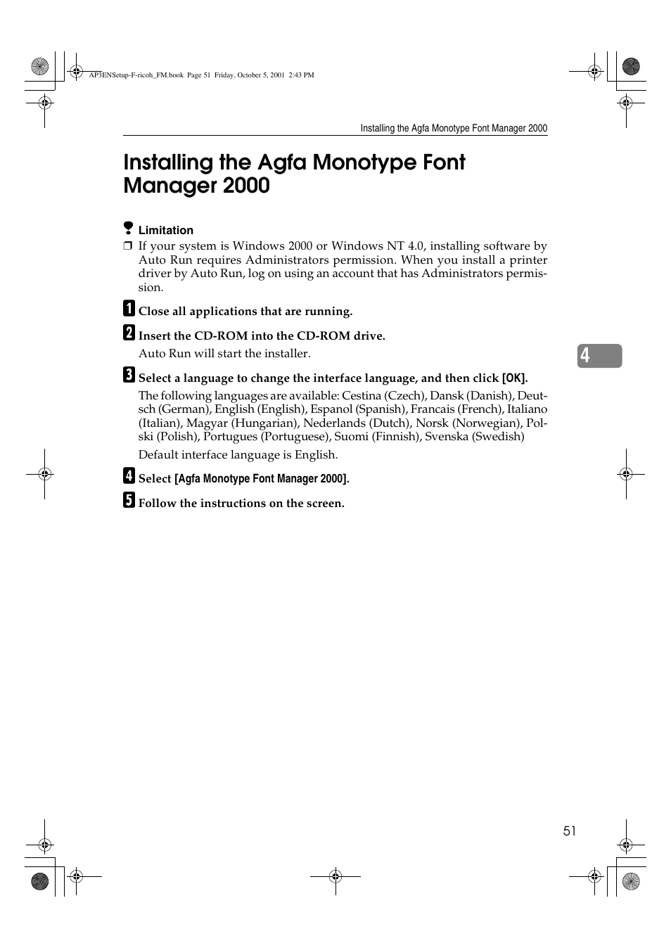 Installing the agfa monotype font manager 2000 | Ricoh AP4510 User Manual | Page 61 / 424