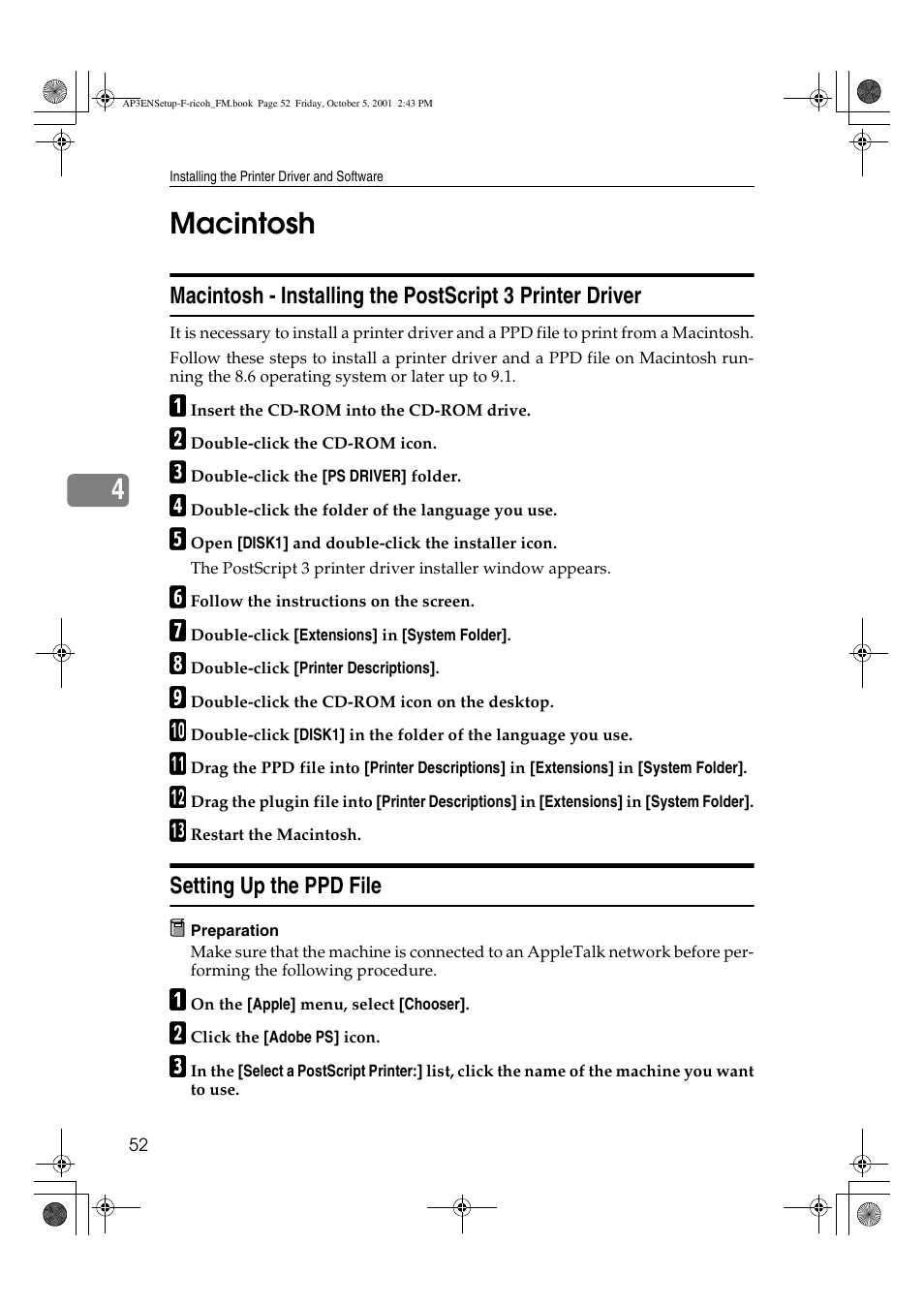 Macintosh, Setting up the ppd file, 4macintosh | Ricoh AP4510 User Manual | Page 62 / 424