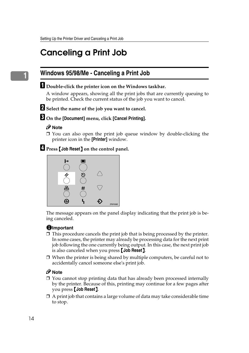 Canceling a print job, Windows 95/98/me - canceling a print job, 1canceling a print job | Ricoh AP4510 User Manual | Page 88 / 424