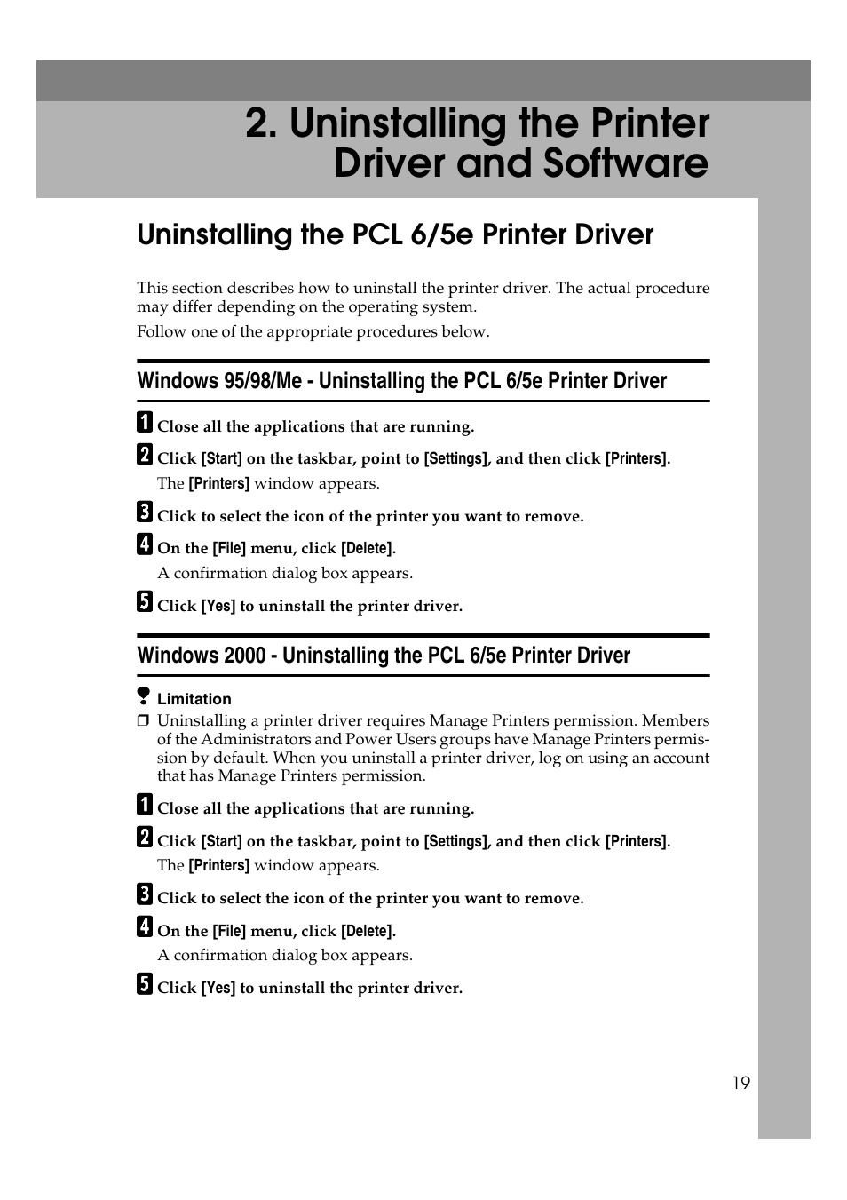  uninstalling the printer driver and software, Uninstalling the pcl 6/5e printer driver, Uninstalling the printer driver and software | Ricoh AP4510 User Manual | Page 93 / 424