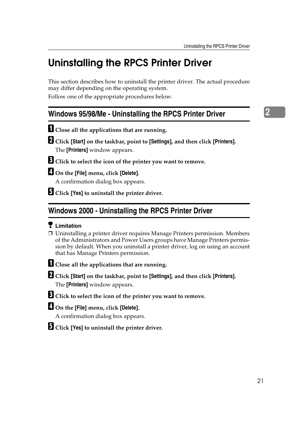 Uninstalling the rpcs printer driver, 2uninstalling the rpcs printer driver | Ricoh AP4510 User Manual | Page 95 / 424