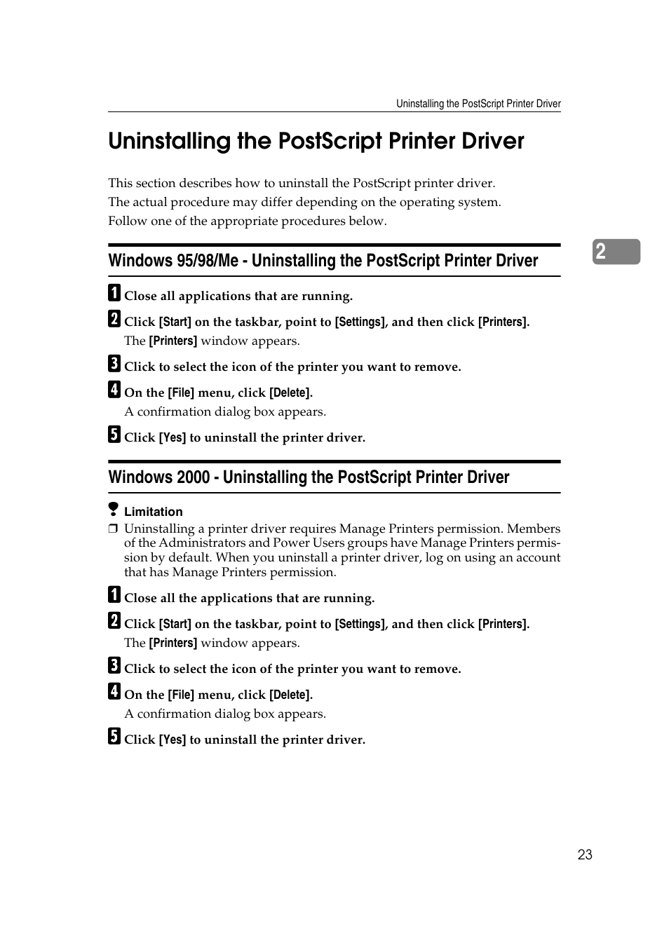 Uninstalling the postscript printer driver, 2uninstalling the postscript printer driver | Ricoh AP4510 User Manual | Page 97 / 424