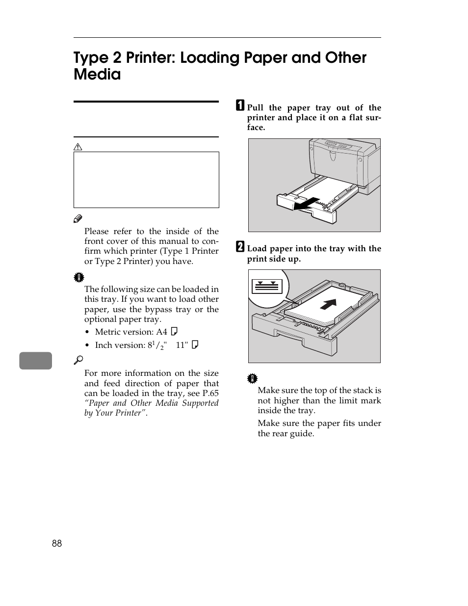 Type 2 printer: loading paper and other media, Table, Table body | Table row, B load paper into the tray with the print side up, Graphic, Make sure the paper fits under the rear guide, 9type 2 printer: loading paper and other media | Ricoh AP1400/AP2000 User Manual | Page 108 / 332