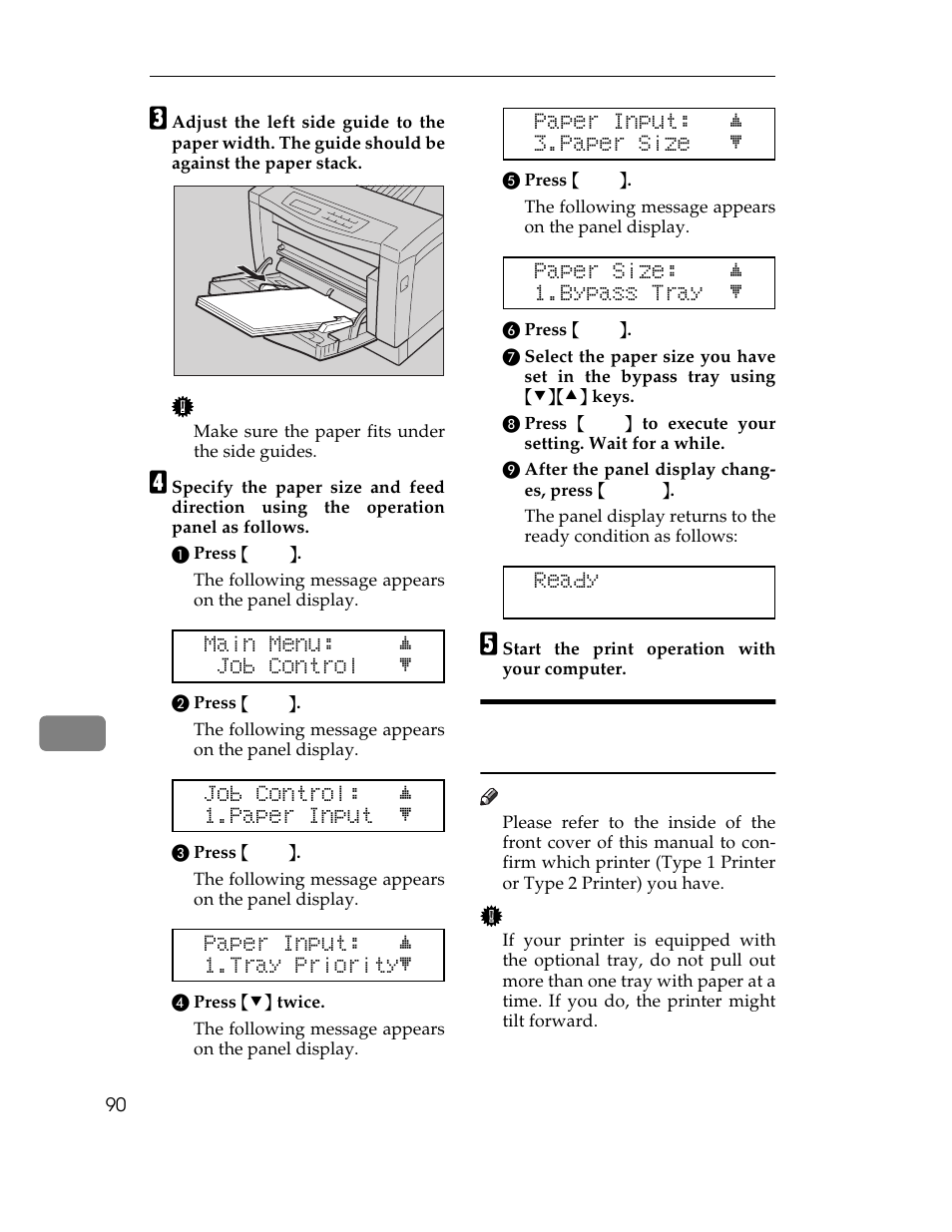 Graphic, Make sure the paper fits under the side guides, A press | The following message appears on the panel display, B press, C press, D press, E press, F press, H press | Ricoh AP1400/AP2000 User Manual | Page 110 / 332