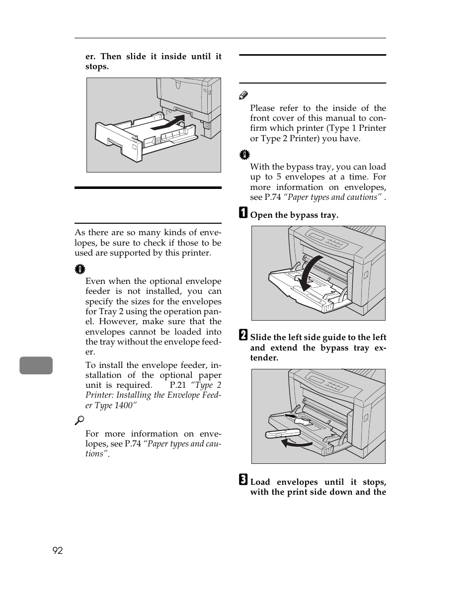 Type 2 printer: loading envelopes, For more information on envelopes, see, A open the bypass tray | Ricoh AP1400/AP2000 User Manual | Page 112 / 332