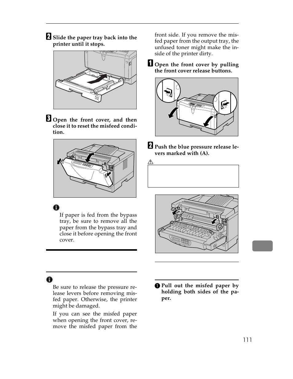 Graphic, When “remove misfeed: open front cover” appears, Table | Table body, Table row | Ricoh AP1400/AP2000 User Manual | Page 131 / 332
