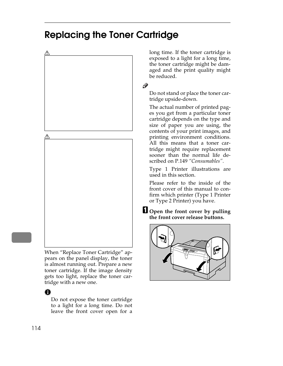 Replacing the toner cartridge, Table, Table body | Table row, Do not eat or swallow toner, 10 replacing the toner cartridge | Ricoh AP1400/AP2000 User Manual | Page 134 / 332