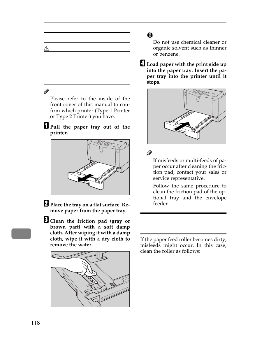 Type 2 printer, Table, Table body | Table row, A pull the paper tray out of the printer, Graphic, Cleaning the paper feed roller, P.118 “cleaning the pa, Per feed roller | Ricoh AP1400/AP2000 User Manual | Page 138 / 332