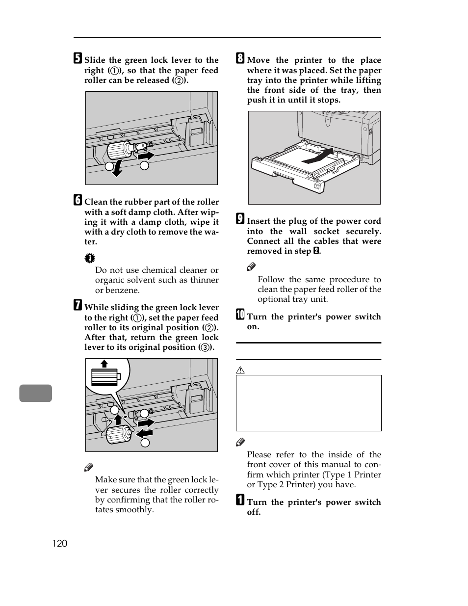 Graphic, J turn the printer's power switch on, Type 2 printer | Table, Table body, Table row, A turn the printer's power switch off | Ricoh AP1400/AP2000 User Manual | Page 140 / 332