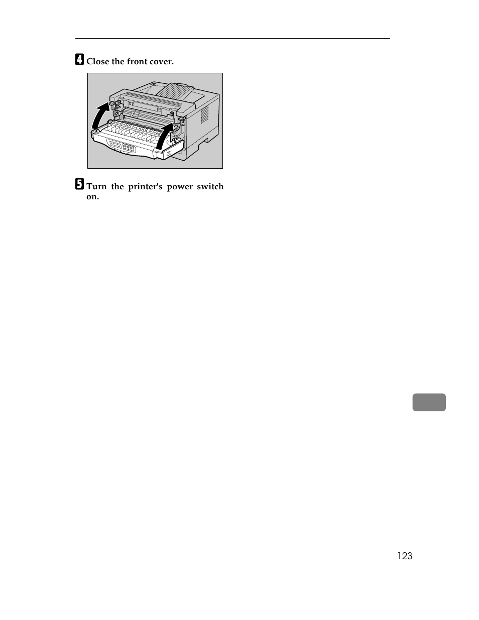 D close the front cover, E turn the printer's power switch on | Ricoh AP1400/AP2000 User Manual | Page 143 / 332