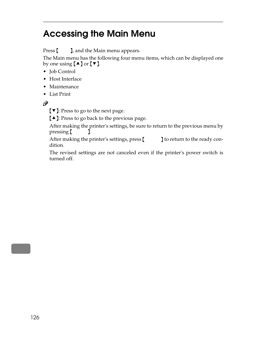 Accessing the main menu, Press, Job control | Host interface, Maintenance, List print, After making the printer's settings, press, 11 accessing the main menu | Ricoh AP1400/AP2000 User Manual | Page 146 / 332
