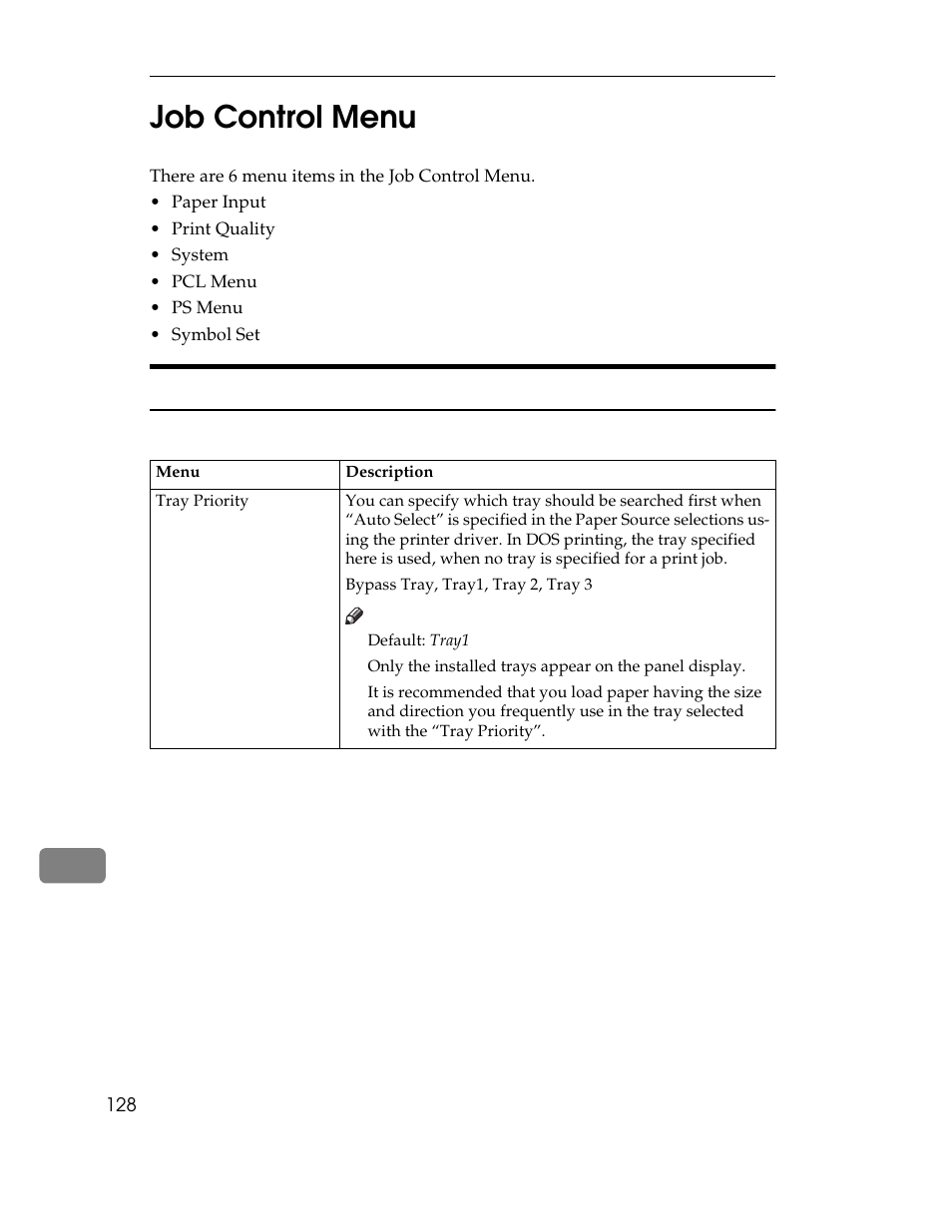 Job control menu, There are 6 menu items in the job control menu, Paper input | Print quality, System, Pcl menu, Ps menu, Symbol set, Job control parameters, Table | Ricoh AP1400/AP2000 User Manual | Page 148 / 332