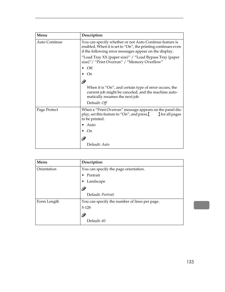 System, Table, Table heading | Table row, Menu, Description, Table body, Auto continue, Default, Auto | Ricoh AP1400/AP2000 User Manual | Page 153 / 332