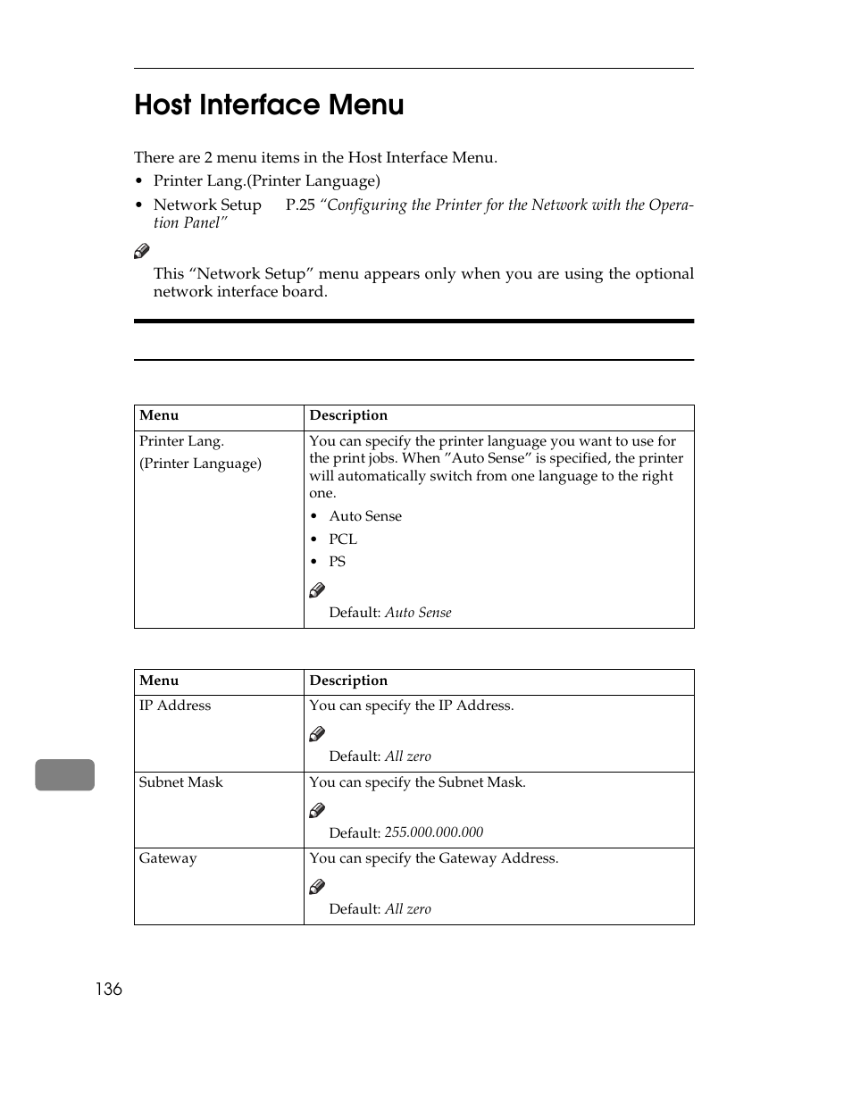 Host interface menu, There are 2 menu items in the host interface menu, Printer lang.(printer language) | Network setup, Host interface parameters, Printer lang. (printer language), Table, Table heading, Table row, Menu | Ricoh AP1400/AP2000 User Manual | Page 156 / 332