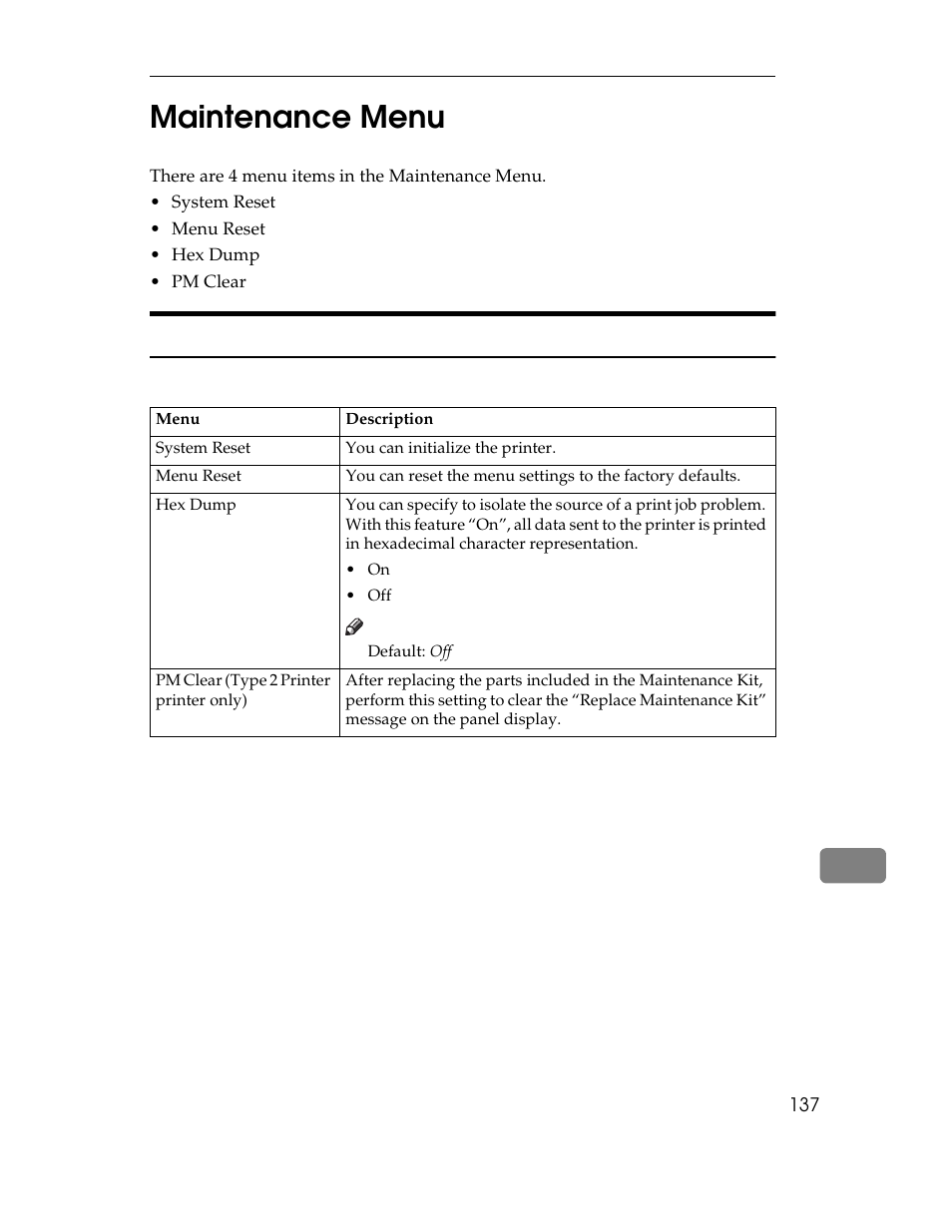 Maintenance menu, There are 4 menu items in the maintenance menu, System reset | Menu reset, Hex dump, Pm clear, Maintenance parameters, Maintenance, Table, Table heading | Ricoh AP1400/AP2000 User Manual | Page 157 / 332