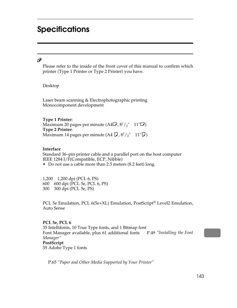 Specifications, Mainframe, Configuration | Desktop, Print process, Laser beam scanning & electrophotographic printing, Monocomponent development, Printing speed, Type 1 printer, Type 2 printer | Ricoh AP1400/AP2000 User Manual | Page 163 / 332