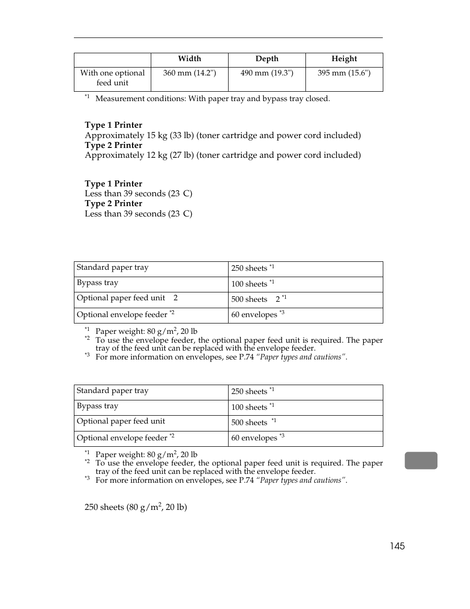 Table row, With one optional feed unit, 360 mm (14.2") | 490 mm (19.3"), 395 mm (15.6"), Weight, Type 1 printer, Type 2 printer, Warm-up time, Less than 39 seconds (23°c) | Ricoh AP1400/AP2000 User Manual | Page 165 / 332