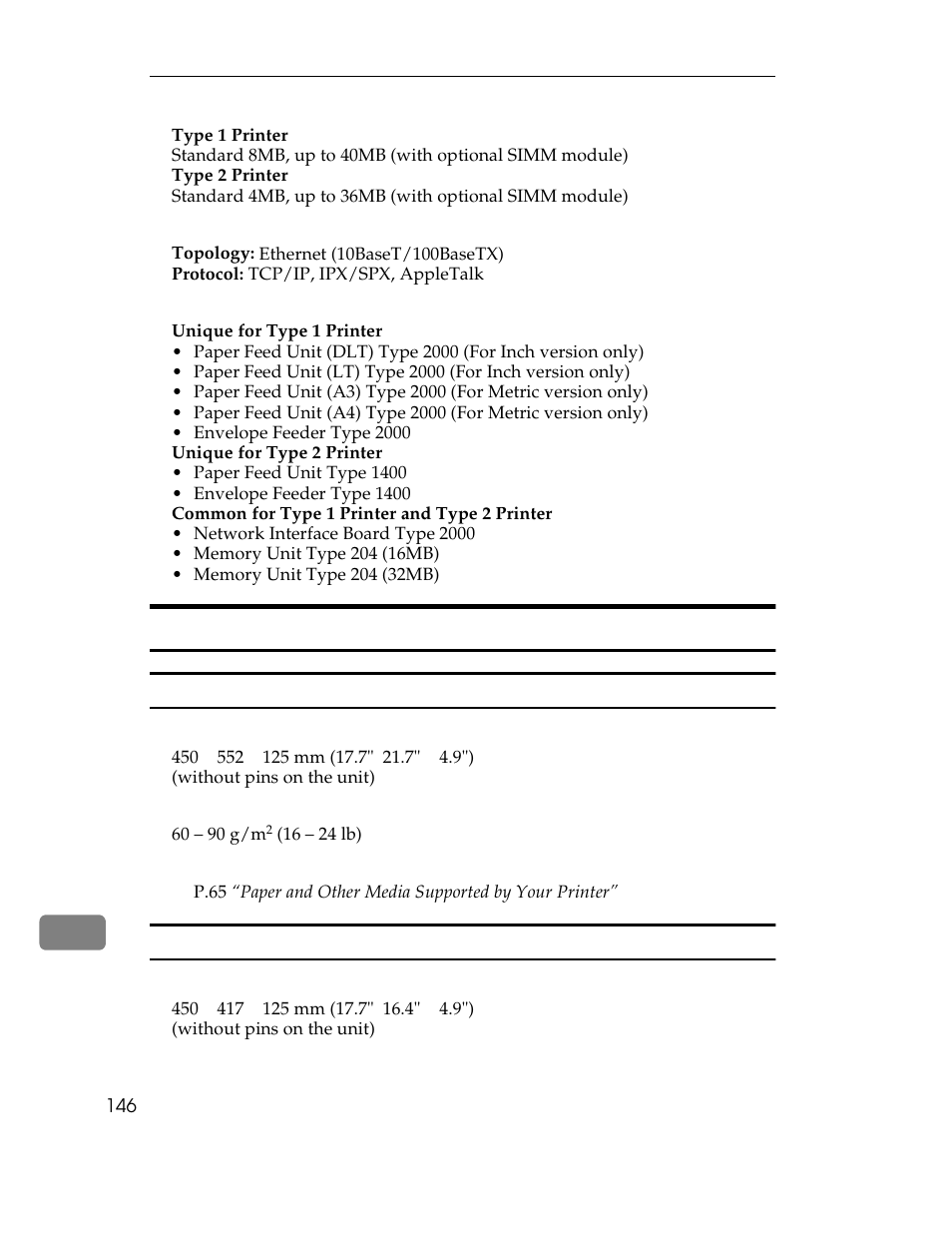 Memory, Type 1 printer, Type 2 printer | Topology, Protocol, Optional equipment, Unique for type 1 printer, Envelope feeder type 2000, Unique for type 2 printer, Paper feed unit type 1400 | Ricoh AP1400/AP2000 User Manual | Page 166 / 332