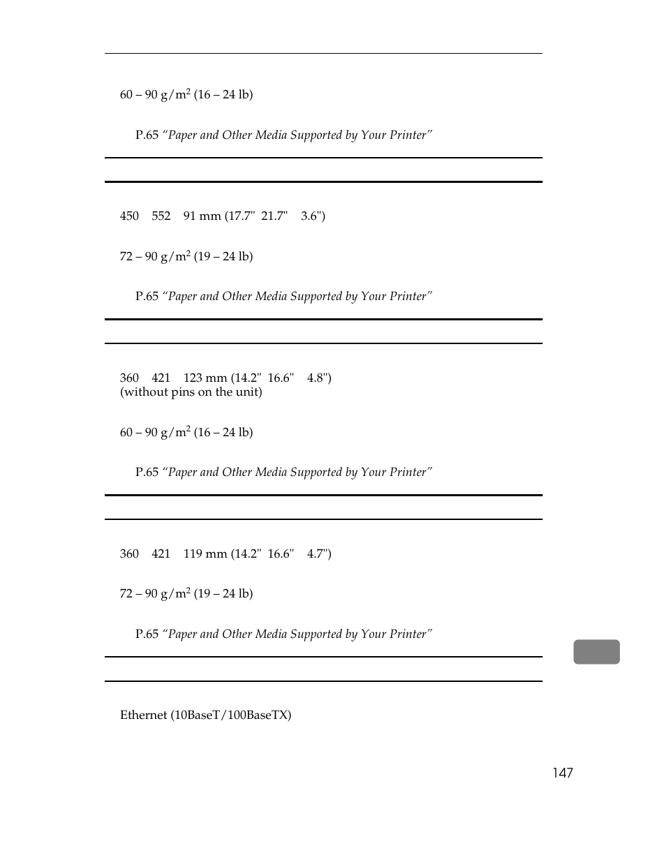 Paper weight, 60 – 90 g/m, Paper size | Envelope feeder type 2000, Dimensions (w¥d¥h), 450 ¥ 552 ¥ 91 mm (17.7" 21.7" ¥ 3.6"), 72 – 90 g/m, Paper feed unit type 1400, 360 ¥ 421 ¥ 123 mm (14.2" 16.6" ¥ 4.8"), Without pins on the unit) | Ricoh AP1400/AP2000 User Manual | Page 167 / 332