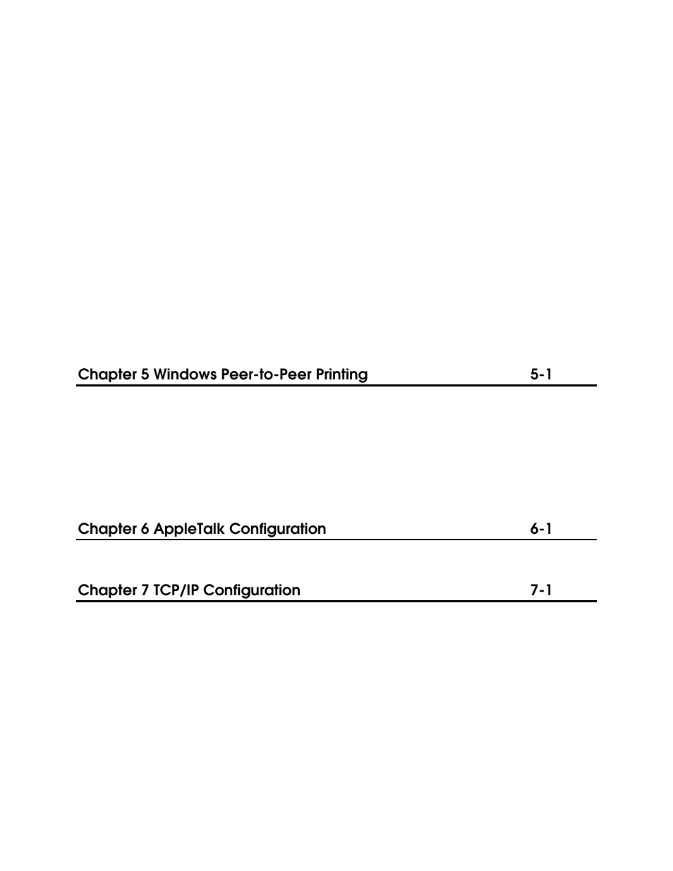 Chapter 5 windows peer-to-peer printing 5-1, Chapter 6 appletalk configuration 6-1, Chapter 7 tcp/ip configuration 7-1 | Ricoh AP1400/AP2000 User Manual | Page 218 / 332