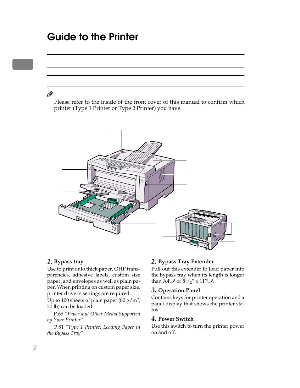 Guide to the printer, Type 1 printer, Type 1 printer: exterior | Graphic,  bypass tray, Up to 100 sheets of plain paper (80 g/m,  bypass tray extender,  operation panel,  power switch, 1guide to the printer | Ricoh AP1400/AP2000 User Manual | Page 22 / 332