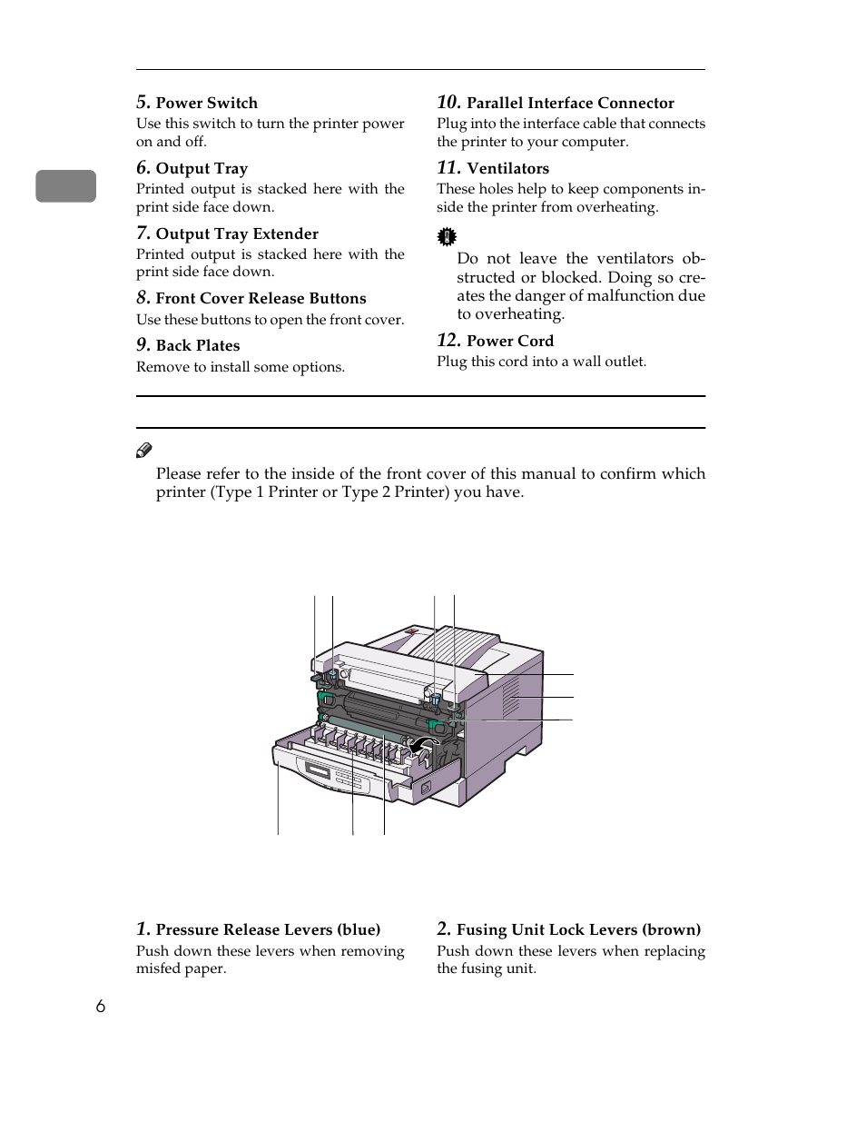  power switch,  output tray,  output tray extender |  front cover release buttons, Use these buttons to open the front cover,  back plates, Remove to install some options,  parallel interface connector,  ventilators,  power cord | Ricoh AP1400/AP2000 User Manual | Page 26 / 332