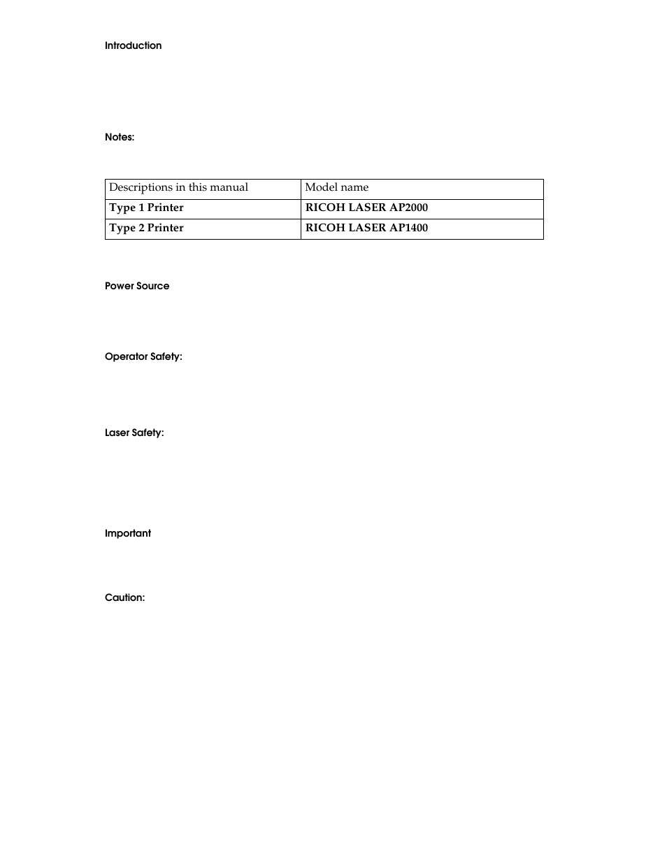 Introduction, Notes, Power source | Ricoh laser ap2000: 120 v, 60 hz, 8.0 a or more, Ricoh laser ap1400: 120 v, 60 hz, 6.0 a or more, Operator safety, Laser safety, Important, Caution | Ricoh AP1400/AP2000 User Manual | Page 3 / 332