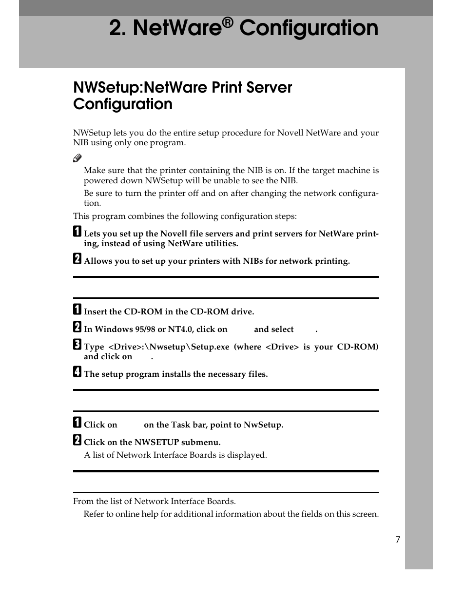 Netware, Configuration, Nwsetup:netware print server configuration | Ricoh AP1400/AP2000 User Manual | Page 303 / 332
