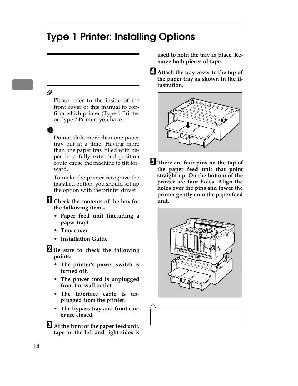 Type 1 printer: installing options, B be sure to check the following points, Graphic | Table, Table body, Table row, 2type 1 printer: installing options | Ricoh AP1400/AP2000 User Manual | Page 34 / 332