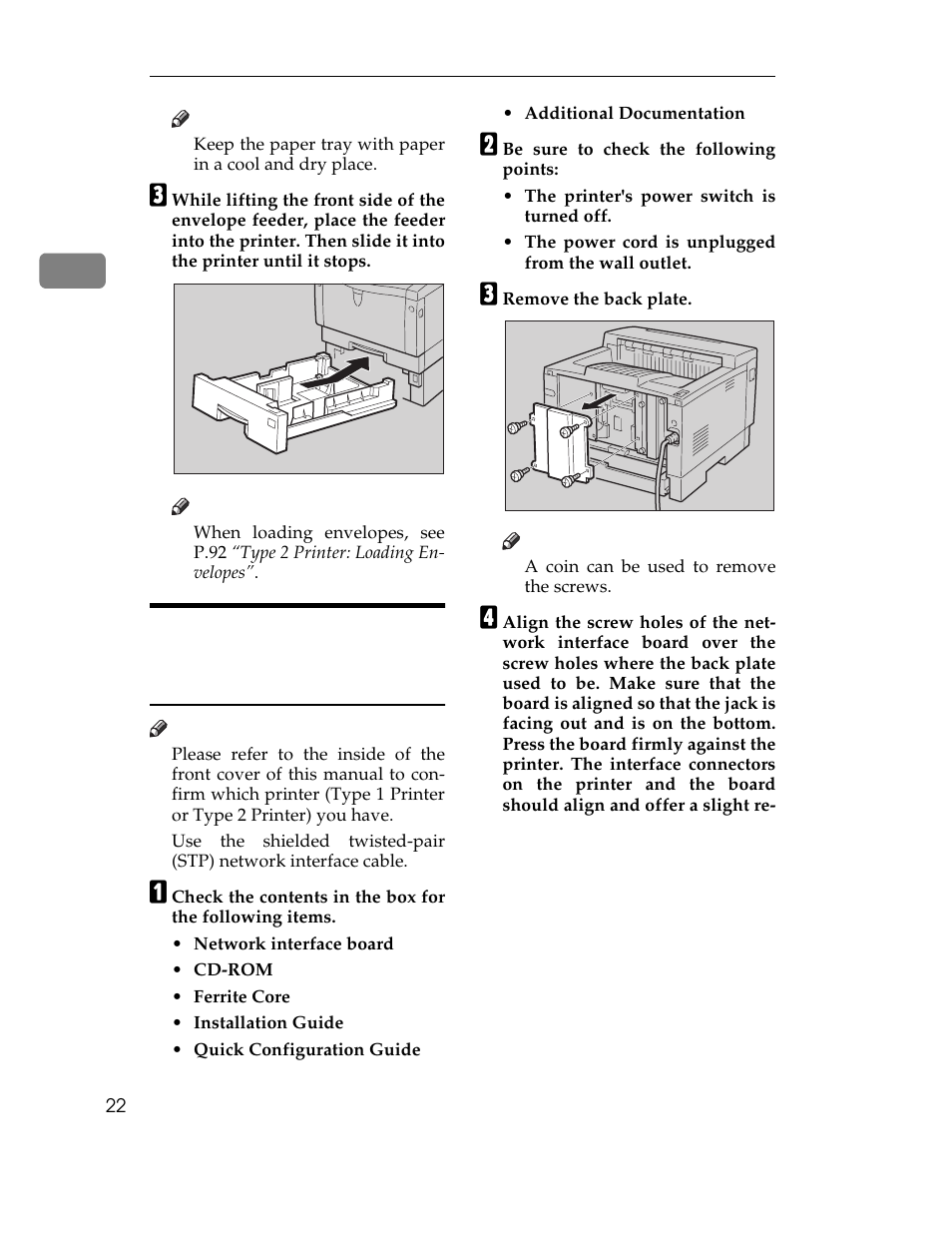 When loading envelopes, see, B be sure to check the following points, C remove the back plate | Graphic, A coin can be used to remove the screws | Ricoh AP1400/AP2000 User Manual | Page 42 / 332