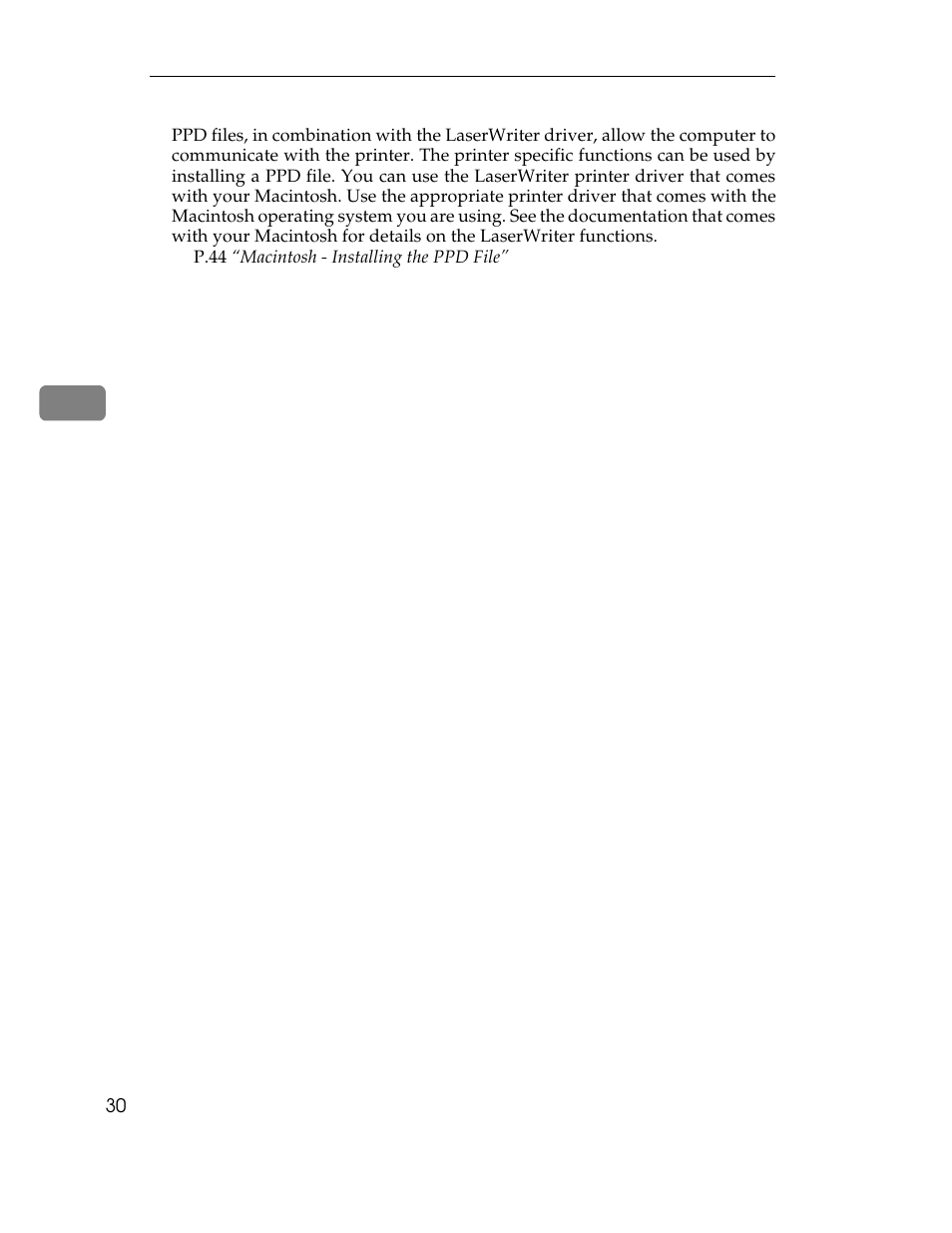 Postscript printer description, FI p.44 “macintosh - installing the ppd file | Ricoh AP1400/AP2000 User Manual | Page 50 / 332