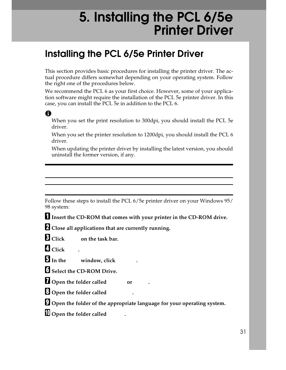 installing the pcl 6/5e printer driver, Pcl 6, Pcl 5e | Installing the pcl 6/5e printer driver, Pcl 6:windows 95/98, installing, Windows 95/98:pcl 6, installing, Pcl 5e:windows 95/98, installing, Windows 95/98:pcl 5e, installing, Installing the printer driver, C click | Ricoh AP1400/AP2000 User Manual | Page 51 / 332