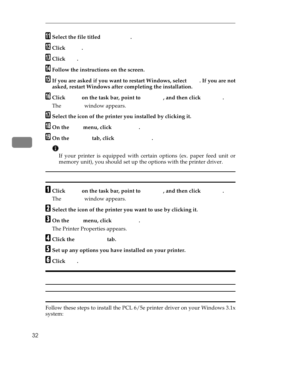 K select the file titled, L click, M click | N follow the instructions on the screen, P click, R on the, S on the, Setting up options, Options, setting up:windows 95/98, Windows 95/98:setting up options | Ricoh AP1400/AP2000 User Manual | Page 52 / 332